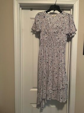 easel Lavender Floral High-Low Ruffle Midi Dress